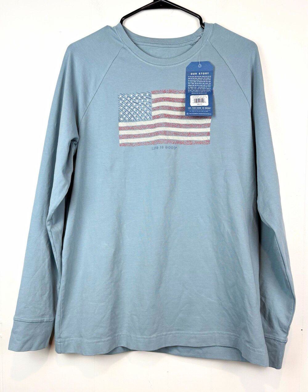 Life Is Good Crusher-Flex Tee Men's M Blue Long Sleeve Crew USA Flag Graphic